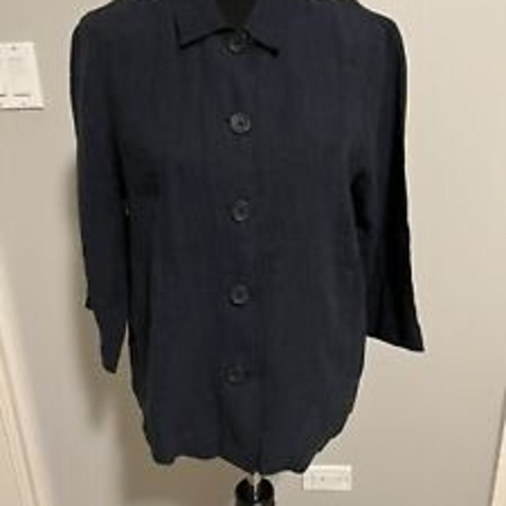 Eileen Fisher 100% Organic Linen Navy Blue 3/4 Sleeve Button Up Size Small S